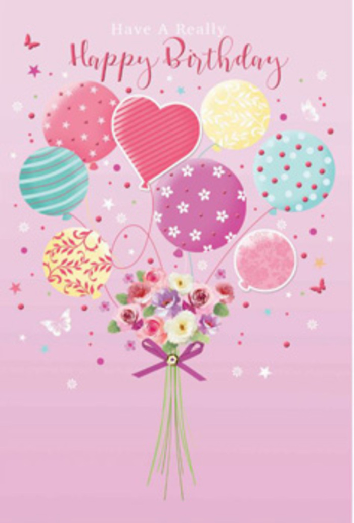 This birthday scene feels like a gentle celebration floating above Southgate, painted across a soft pink canvas that glows with warmth. A bouquet of pastel balloons rises at the centre, each one detailed with playful artistry: some are wrapped in curving ribbons of colour, others dotted with cheerful spots, and a few display dainty floral patterns that echo the blooms below. A prominent heart-shaped balloon nestles among them, glowing in shades of pink and lilac, suggesting affection and gratitude as it catches a soft, golden light-like the late-afternoon sun that drifts over the rooftops near Southgate Circus. Tethered beneath this airy cluster is a delicate bouquet of fresh flowers, their blossoms gathered tightly at the base. Creamy roses and daisy-like blooms in blush, ivory, and pale mauve form a rounded, hand-tied posy, each petal shaded with transitions from light to deeper tones, giving a sense of texture you can almost feel. The stems are snugly gathered and finished with a sparkling purple bow, its fabric reflecting highlights as though it were fine satin arranged by a careful local florist. Around the main design, tiny stars and fluttering butterflies float in the air, adding touches of magic and motion, like confetti caught in a soft breeze along the paths of nearby Broomfield Park. The whole composition exudes lightness and joy, translating the simple message of happy birthday into a tender, uplifting vignette. It feels like the kind of card you might choose from a thoughtful Southgate shop to brighten a loved one's day, carrying with it a sense of closeness even when delivered from across town.