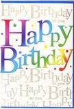 This photograph shows a lavishly designed birthday card that radiates colour and sparkle, the sort of cheerful greeting you might pick up on your way home past Southgate's local shops. Dominating the card is the phrase Happy Birthday, displayed in large, rounded block letters that stretch confidently across the middle, giving the sense of a banner unfurling at a celebration. Each letter carries a velvety gradient of colour, shifting smoothly through the full rainbow spectrum-from deep wine red and raspberry, through vivid magenta and royal purple, to bright cobalt and turquoise, then into fresh meadow green, lime, and sunlit yellow. The colours are gently blended, with feathered edges and soft highlights that give them a luminous, almost airbrushed appearance, reminiscent of the way petals in a mixed birthday bouquet can share tones where they overlap. Behind this central greeting lies a soft, creamy background that is anything but plain. It is covered with elegantly looping gold script, repeating the words Happy Birthday to you in neat, evenly spaced lines. The script forms a delicate pattern of shimmering text, like a golden chorus singing quietly behind the louder main message. The metallic ink appears lightly glittered, catching the light just enough to add sparkle without overwhelming the eye, similar to how evening light glints off windows along nearby Chase Side. Fine specks of reflective detail are scattered subtly around the letters, evoking tiny stars or celebratory confetti. The card itself seems to be printed on smooth, slightly glossy cardstock, enhancing both the depth of the colours and the sheen of the gold. Together, these elements create a joyful, contemporary birthday card that feels exuberant yet thoughtfully refined.