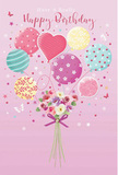 A softly romantic birthday illustration stretches across a dusky pink background, giving the impression of a celebration drifting just above the familiar streets of Southgate. At its heart, a cluster of balloons in pastel tones-powder pink, mint green, sunshine yellow, and misty lavender-rise together like a gentle chorus, their glossy surfaces catching the light. Some balloons swirl with candy-coloured stripes, others bloom with playful polka dots, and a central heart-shaped balloon radiates quiet affection from within the cluster. Below this floating canopy, a dainty bouquet anchors the scene, composed of velvety roses and daisy-like blooms in ivory, blush, and soft mauve, their petals softly layered and delicately shaded as though brushed by morning light. The stems gather neatly at the base, wrapped in a shimmering violet satin bow that glints as if just tied by an expert hand at Southgate Florist, moments before a birthday delivery along Green Lanes or to a home overlooking Grovelands Park. Scattered around the composition are tiny twinkling stars and fluttering butterflies, adding a hint of fairy-tale charm and suggesting movement, like confetti swirling through the air. The overall feeling is light, sweet, and joyfully understated-a design that transforms a simple birthday card into an intimate gesture of love and thoughtfulness. You can almost imagine the faint scent of fresh blossoms and the soft rustle of ribbon, as if the illustrated bouquet were real, ready to be handed to someone special at a cosy celebration right here in Southgate.