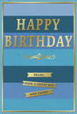 The photograph features a sophisticated birthday card whose design blends soothing blues with warm, glowing gold, evoking the calm joy of a leisurely birthday spent in Southgate. The background is composed of wide, horizontal stripes moving smoothly from dark navy and deep turquoise to lighter sky and powder blues, creating an ombre effect that feels like watching clouds drift slowly over the rooftops near Southgate tube station. Centered across this layered blue canvas, the words HAPPY BIRTHDAY appear in large, embossed gold capitals. The metallic finish does not shout; instead, it glows softly, with highlights and shadows that hint at the raised texture you would feel if you ran your fingers over the lettering. Directly beneath the greeting, a delicate gold flourish sweeps gracefully across the card, adding a touch of ornament that feels both modern and quietly traditional. Below this flourish are three slim golden banners neatly aligned one under the other. Each banner bears a simple message-Relax, have a great day and enjoy!-as if the card is gently inviting the recipient to slow down, breathe, and savour every moment. A narrow gold frame runs around the outer edge, tying the elements together with a polished finish. The card stock appears thick and smooth, with the kind of quality you might choose to accompany a hand-tied bouquet delivered to a home off The Green or along Chase Side. Overall, the scene suggests understated luxury and heartfelt intent, a birthday greeting that favours calm happiness over loud extravagance.